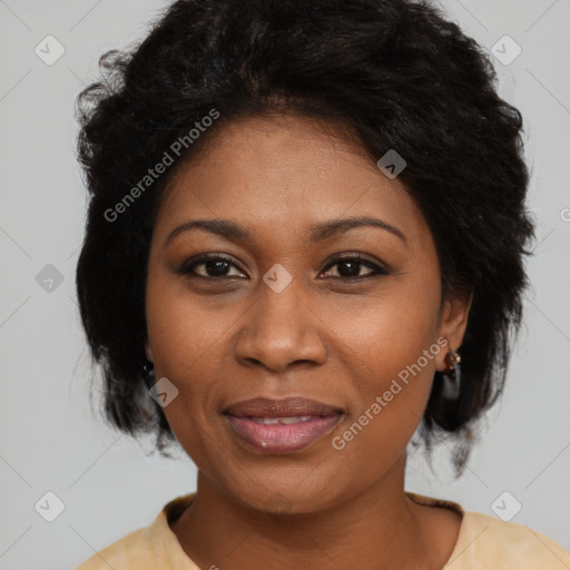 Joyful black young-adult female with medium  black hair and brown eyes