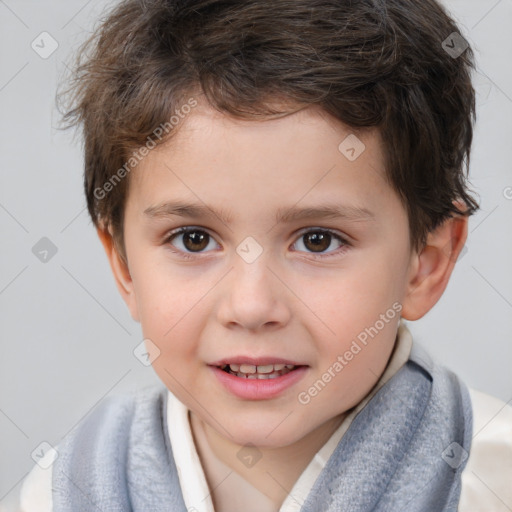 Joyful white child male with short  brown hair and brown eyes