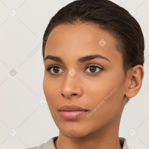 Neutral latino young-adult female with short  brown hair and brown eyes