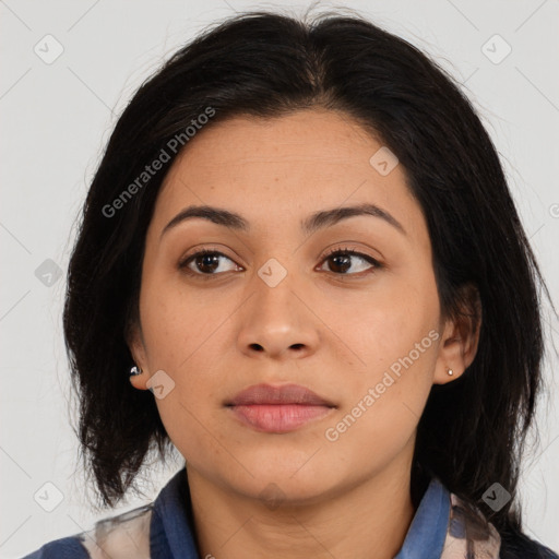 Neutral asian young-adult female with medium  black hair and brown eyes