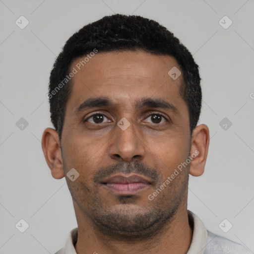 Neutral black young-adult male with short  black hair and brown eyes