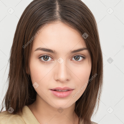 Neutral white young-adult female with medium  brown hair and brown eyes