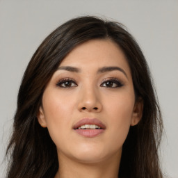Neutral asian young-adult female with long  brown hair and brown eyes