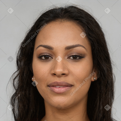 Joyful latino young-adult female with long  brown hair and brown eyes