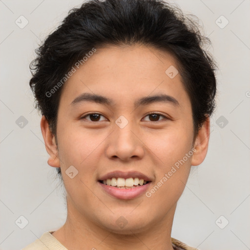 Joyful asian young-adult female with short  brown hair and brown eyes