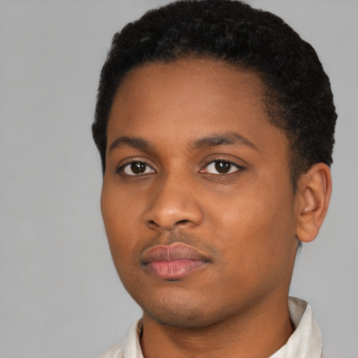 Neutral black young-adult male with short  brown hair and brown eyes