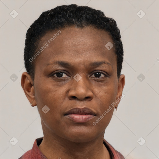 Neutral black young-adult female with short  brown hair and brown eyes