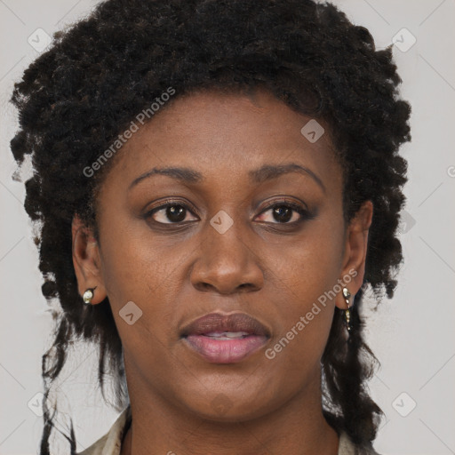 Joyful black young-adult female with long  brown hair and brown eyes