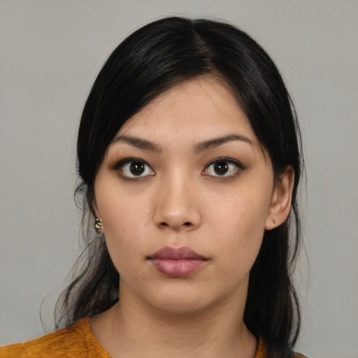 Neutral asian young-adult female with medium  black hair and brown eyes
