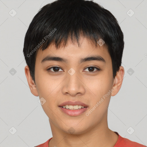 Joyful asian young-adult male with short  brown hair and brown eyes