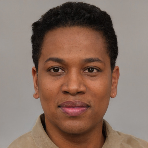 Joyful black young-adult female with short  black hair and brown eyes