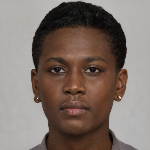 Neutral black young-adult female with short  brown hair and brown eyes