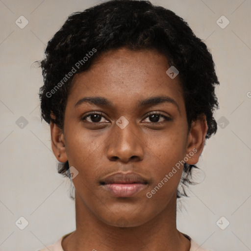 Neutral black young-adult female with short  black hair and brown eyes