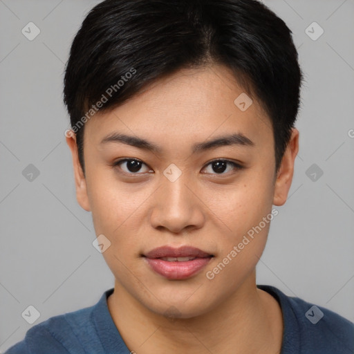 Joyful asian young-adult female with short  black hair and brown eyes