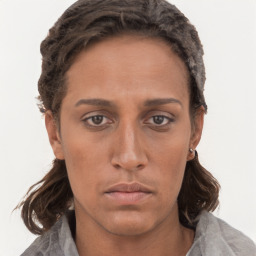 Neutral white young-adult female with short  brown hair and brown eyes