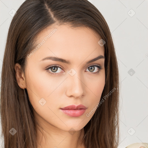 Neutral white young-adult female with long  brown hair and brown eyes