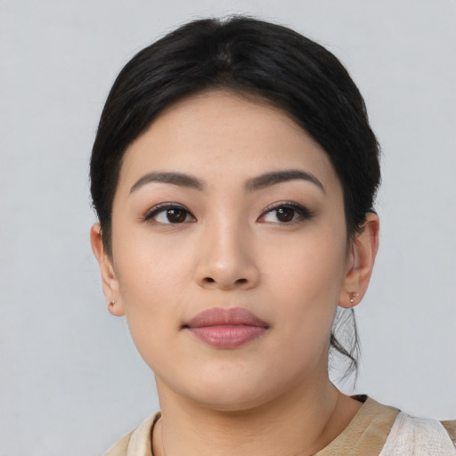Neutral asian young-adult female with short  black hair and brown eyes