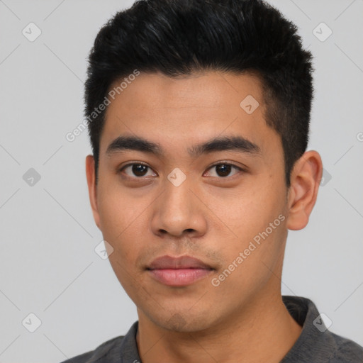 Neutral asian young-adult male with short  black hair and brown eyes