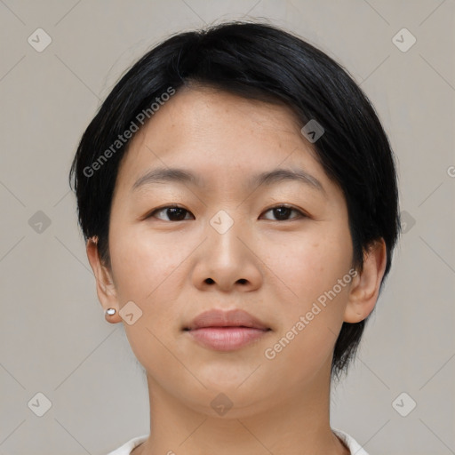 Neutral asian young-adult female with medium  black hair and brown eyes