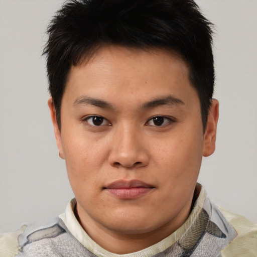 Neutral asian young-adult male with short  brown hair and brown eyes
