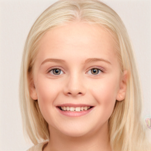 Joyful white child female with medium  blond hair and blue eyes