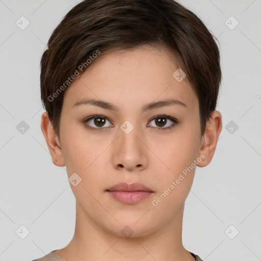 Neutral white young-adult female with short  brown hair and brown eyes