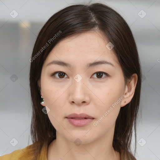 Neutral white young-adult female with medium  brown hair and brown eyes