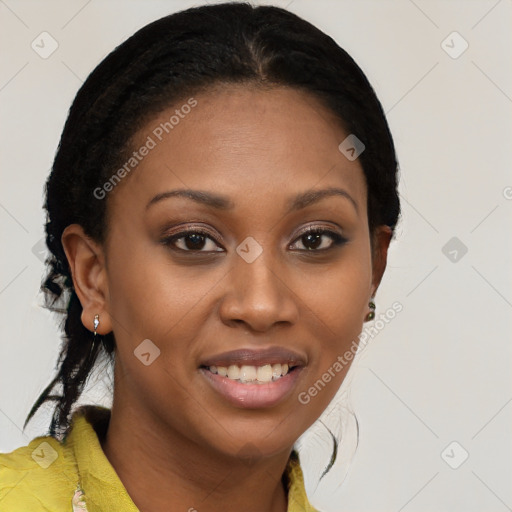 Joyful latino young-adult female with long  brown hair and brown eyes
