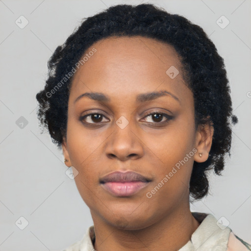 Neutral latino young-adult female with short  black hair and brown eyes