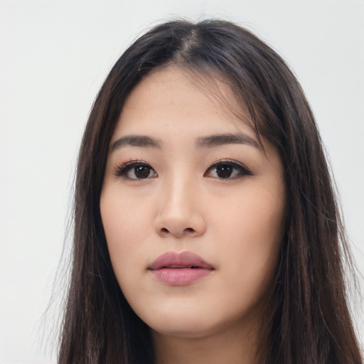 Neutral asian young-adult female with long  brown hair and brown eyes