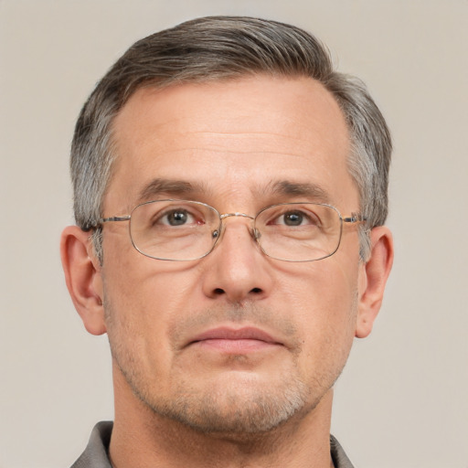 Neutral white middle-aged male with short  brown hair and brown eyes