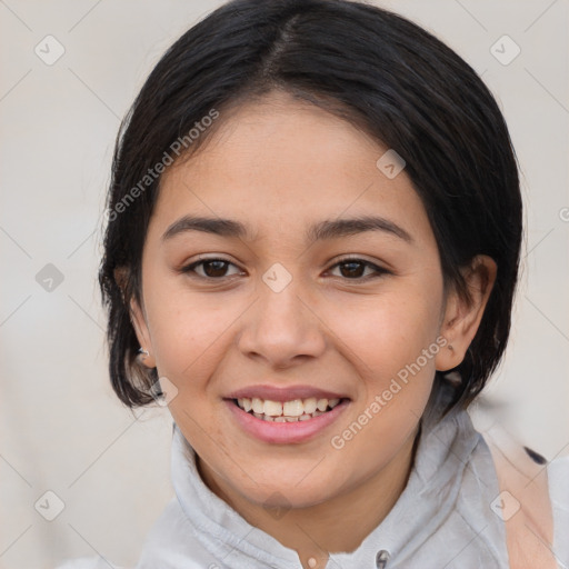 Joyful white young-adult female with medium  brown hair and brown eyes