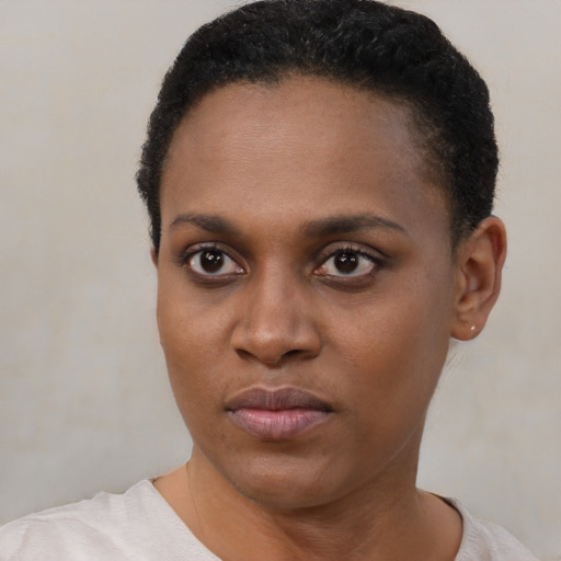 Joyful black young-adult female with short  brown hair and brown eyes