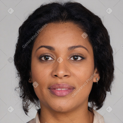 Joyful black young-adult female with medium  brown hair and brown eyes
