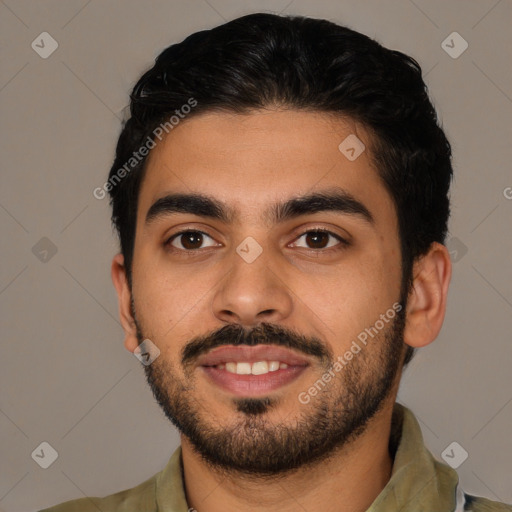 Joyful latino young-adult male with short  black hair and brown eyes