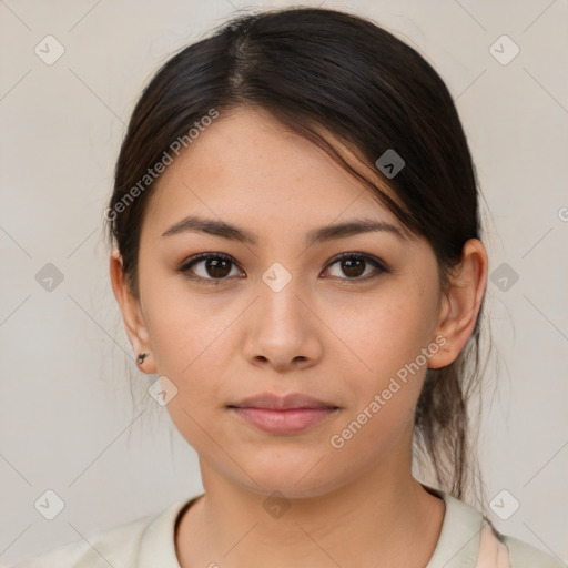 Neutral asian young-adult female with medium  brown hair and brown eyes