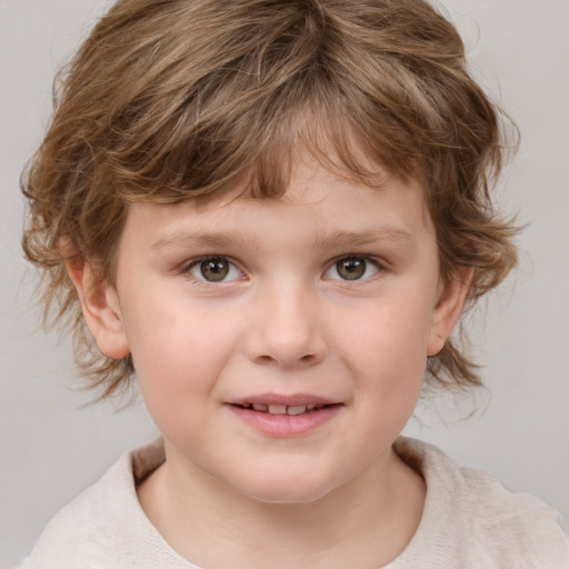 Joyful white child female with medium  brown hair and grey eyes