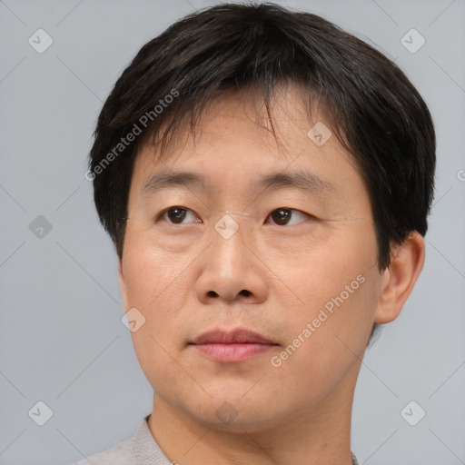 Joyful asian young-adult male with short  brown hair and brown eyes