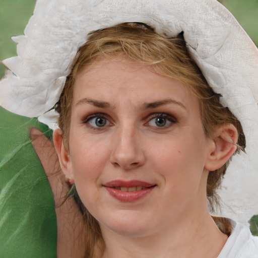 Joyful white young-adult female with medium  brown hair and blue eyes