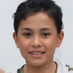 Joyful white child female with short  brown hair and brown eyes