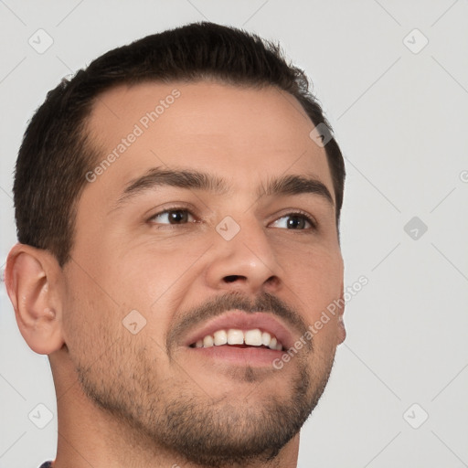 Neutral white young-adult male with short  brown hair and brown eyes