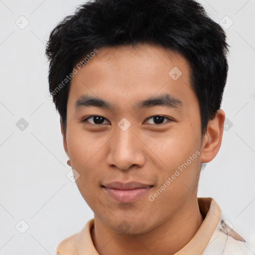 Neutral asian young-adult male with short  black hair and brown eyes