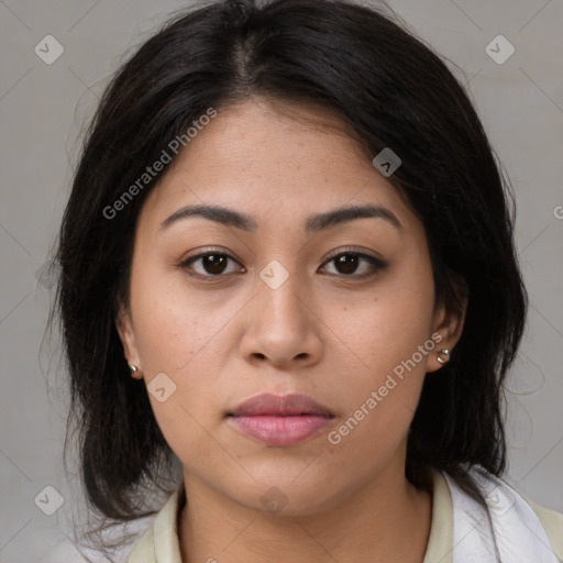 Neutral asian young-adult female with medium  brown hair and brown eyes