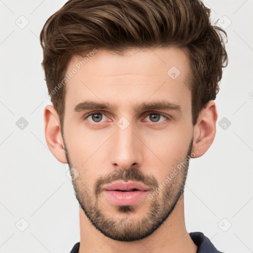 Neutral white young-adult male with short  brown hair and brown eyes