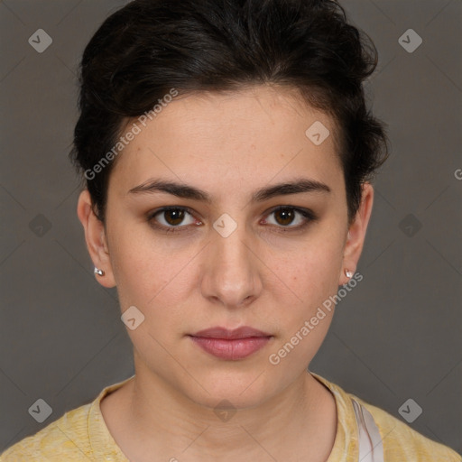 Neutral white young-adult female with short  brown hair and brown eyes