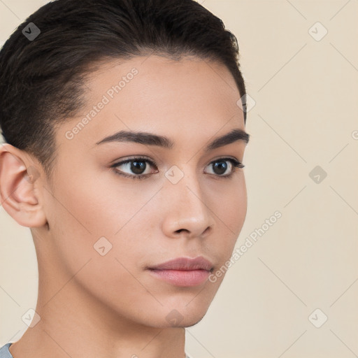 Neutral white young-adult female with short  brown hair and brown eyes