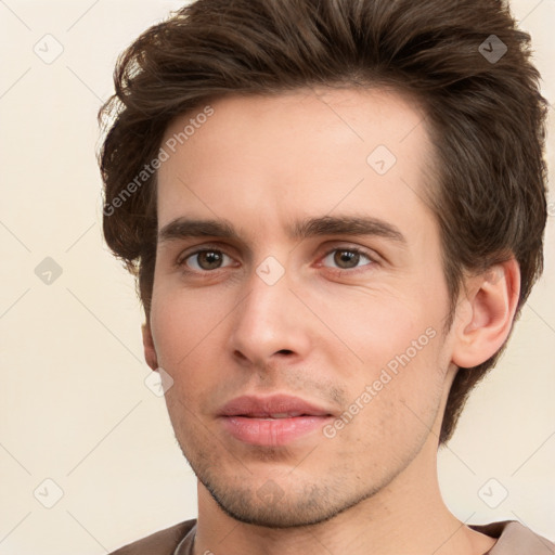 Neutral white young-adult male with short  brown hair and brown eyes