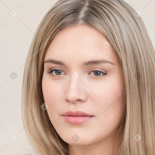 Neutral white young-adult female with long  brown hair and brown eyes