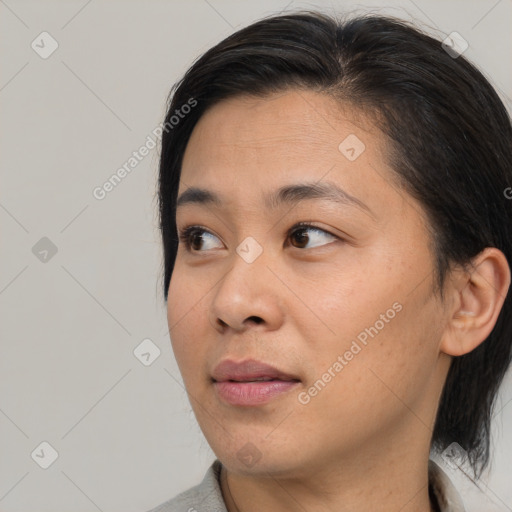 Neutral asian young-adult female with medium  black hair and brown eyes