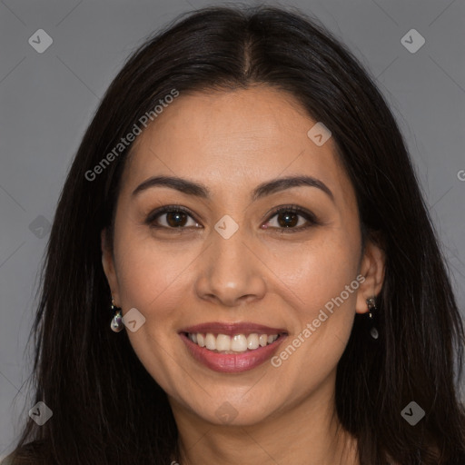 Joyful white young-adult female with long  brown hair and brown eyes